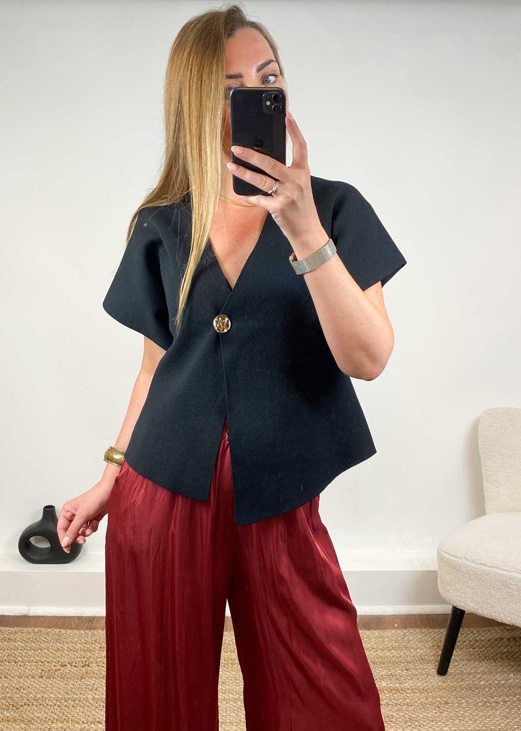Desiree Gold Button Cardigan in Black