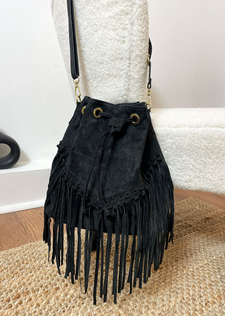 Dutton Suede Fringe Bucket Bag in Black
