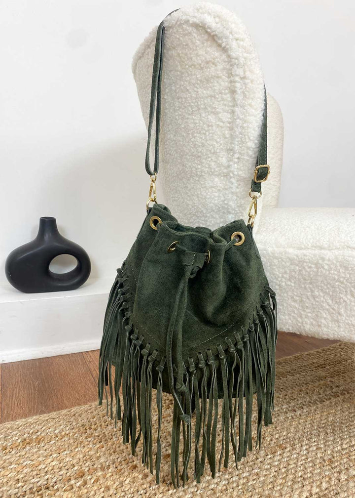 Dutton Suede Fringe Bucket Bag in Khaki
