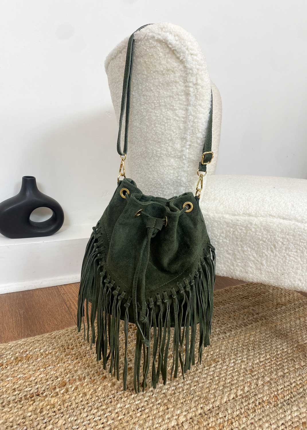 Dutton Suede Fringe Bucket Bag in Khaki