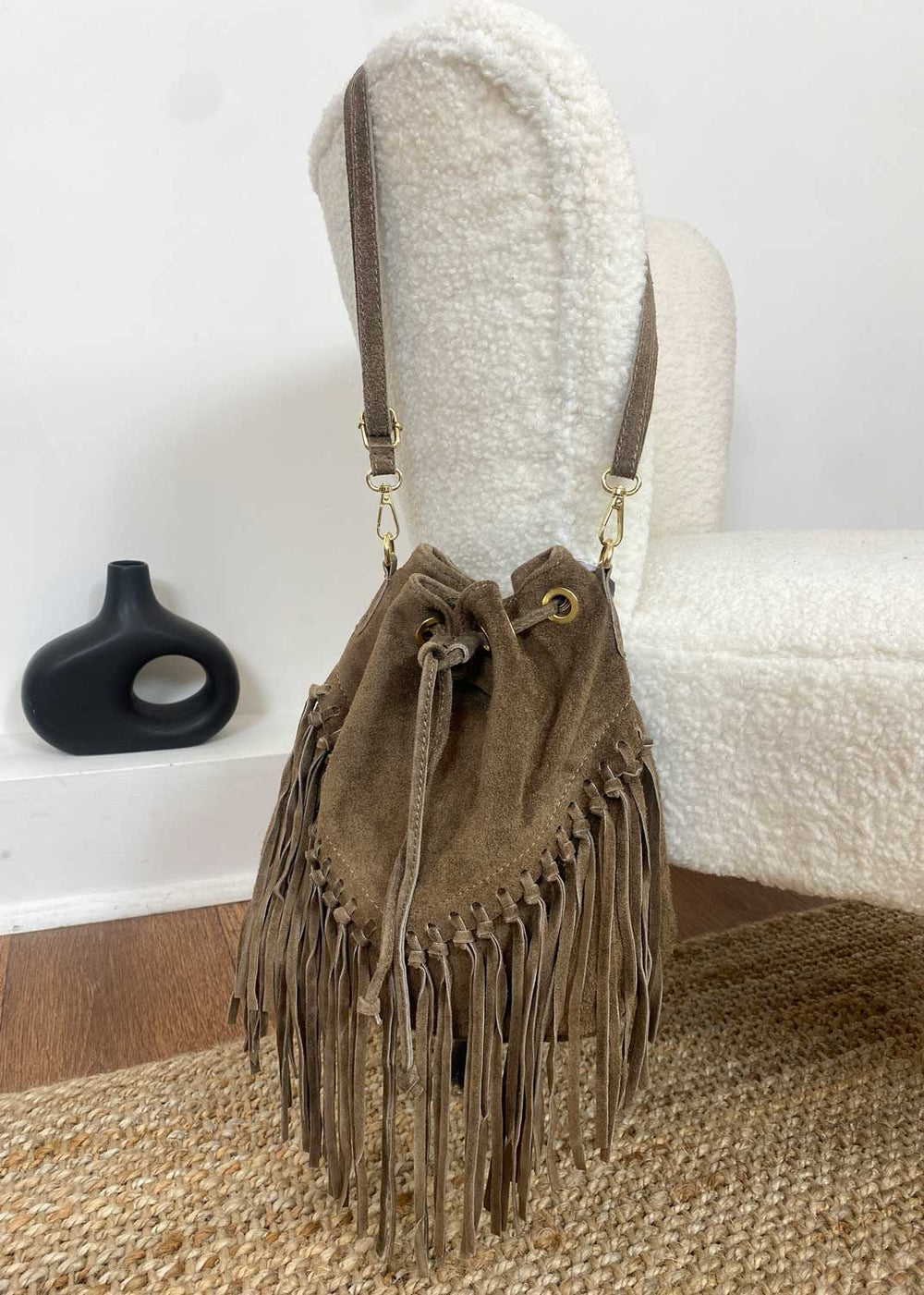 Dutton Suede Fringe Bucket Bag in Taupe