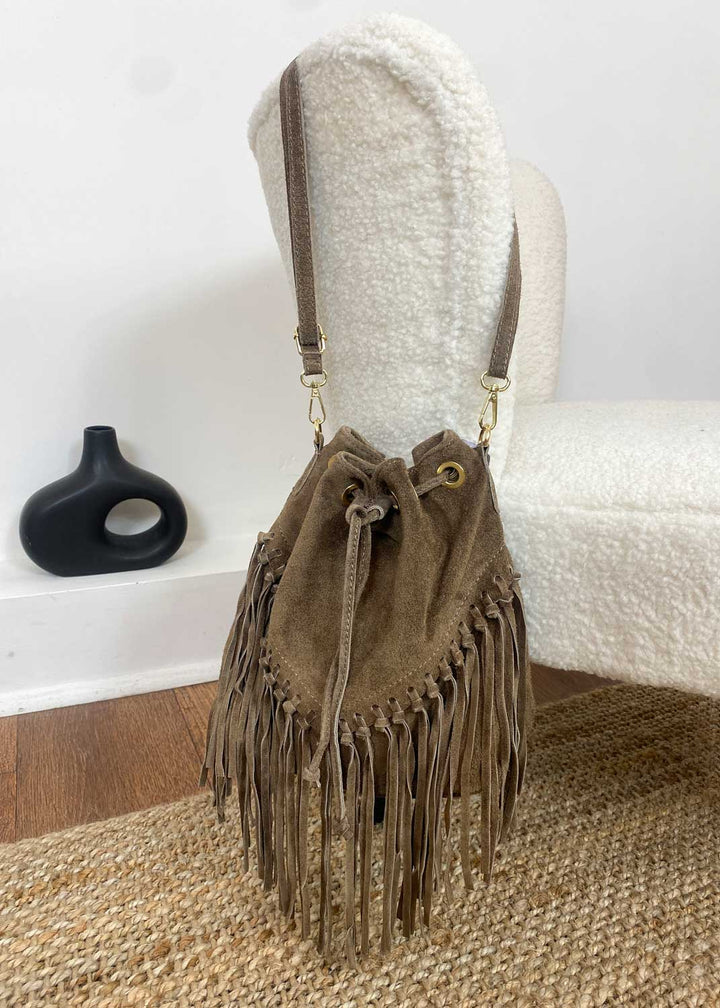 Dutton Suede Fringe Bucket Bag in Taupe