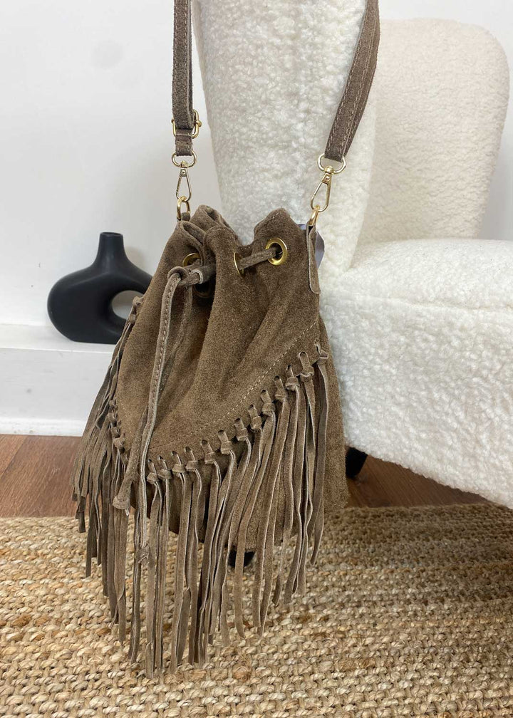 Dutton Suede Fringe Bucket Bag in Taupe