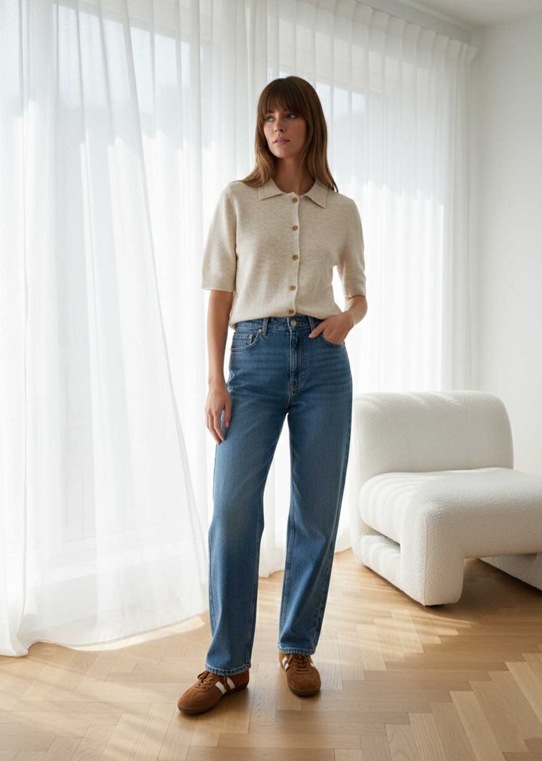 collar short sleeve cardigan cream