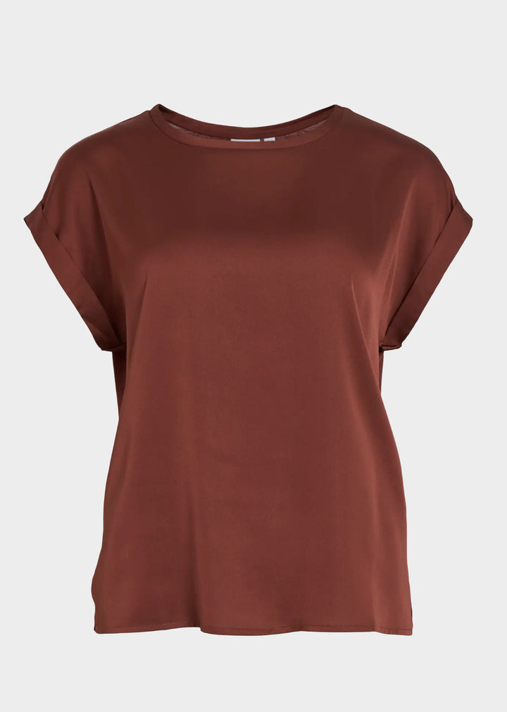 Ellette Satin Top Mahogany by Vila at Bond Boutique