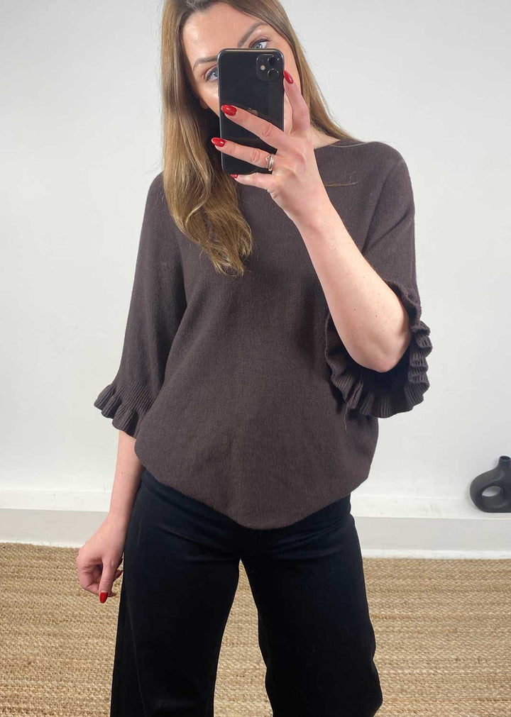 Elira Frill Sleeve Knit Jumper Chocolate