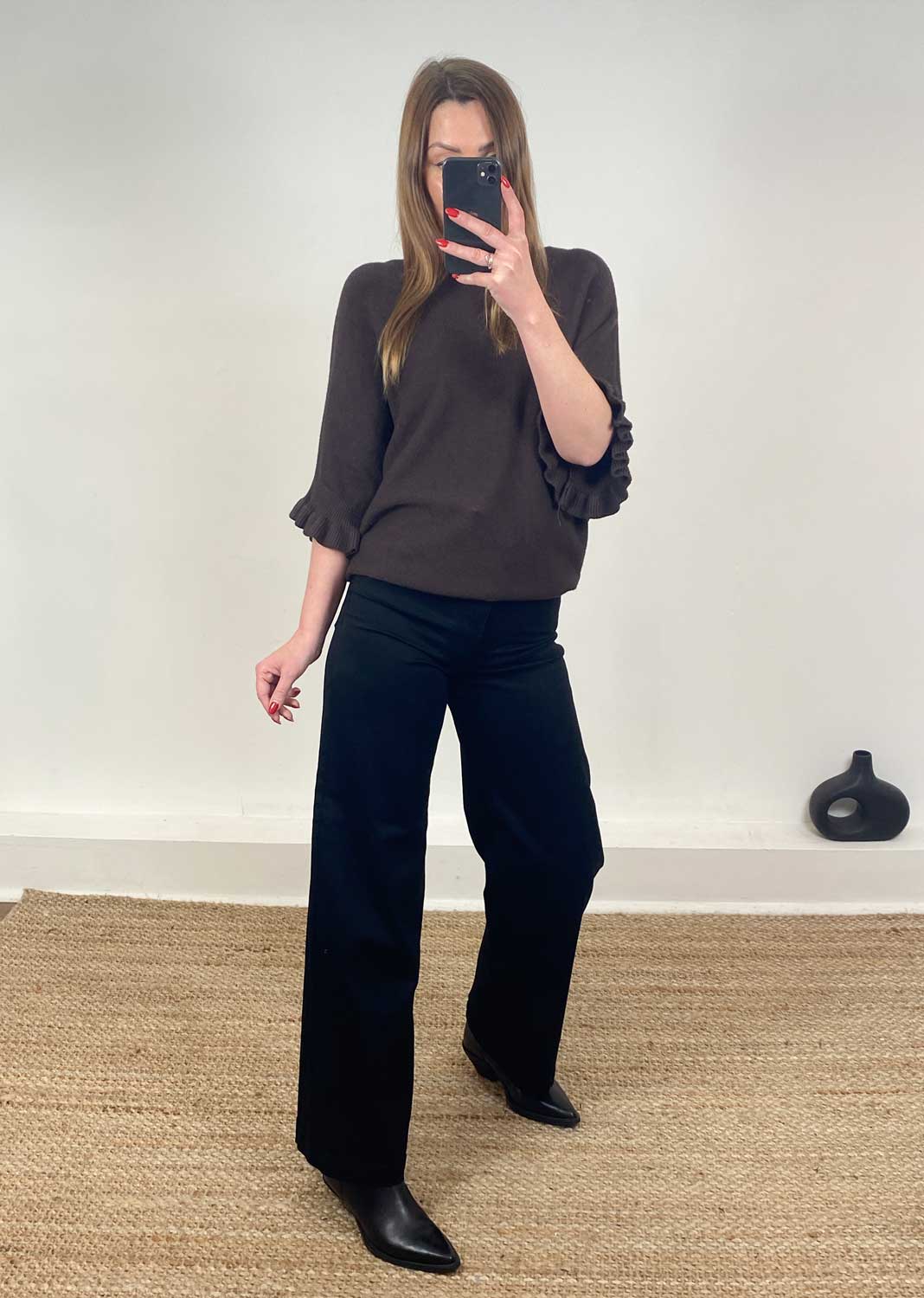 Elira Frill Sleeve Knit Jumper Chocolate