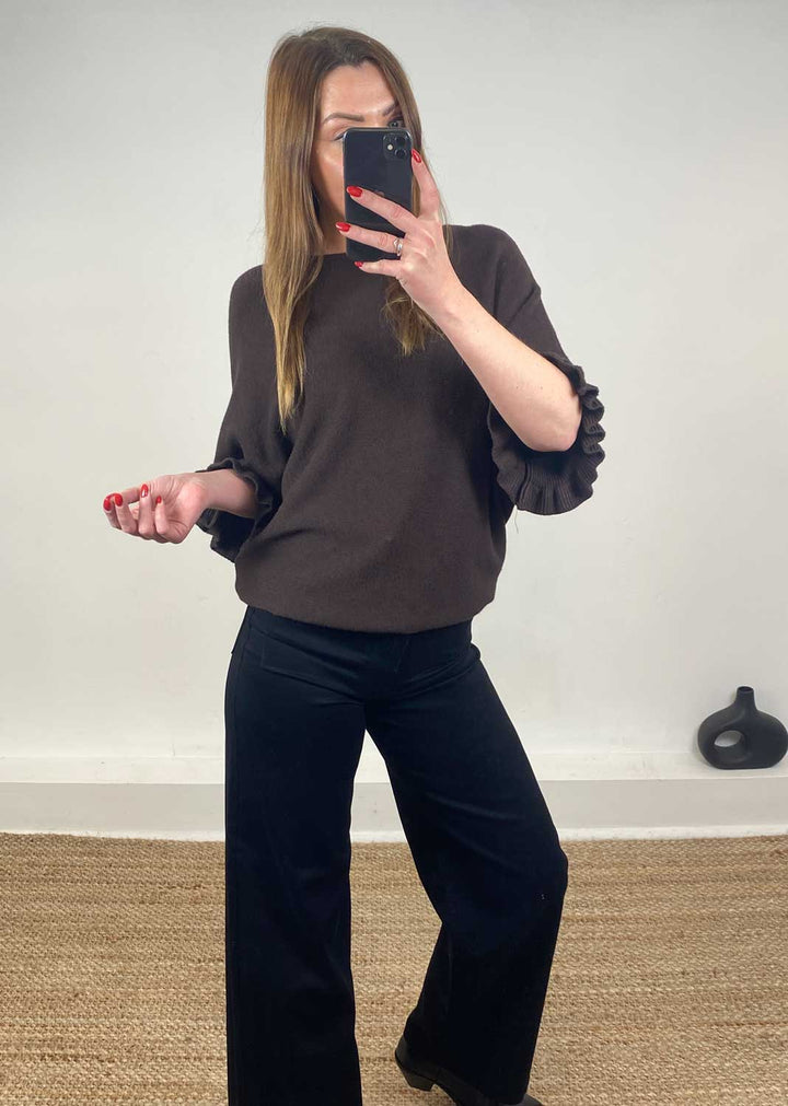 Elira Frill Sleeve Knit Jumper Chocolate