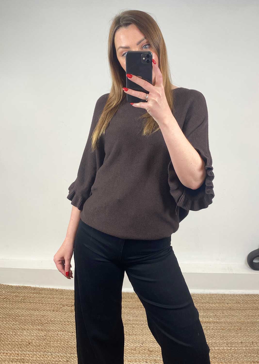 Elira Frill Sleeve Knit Jumper Chocolate