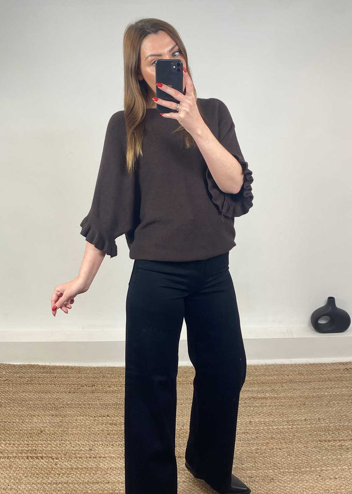Elira Frill Sleeve Knit Jumper Chocolate