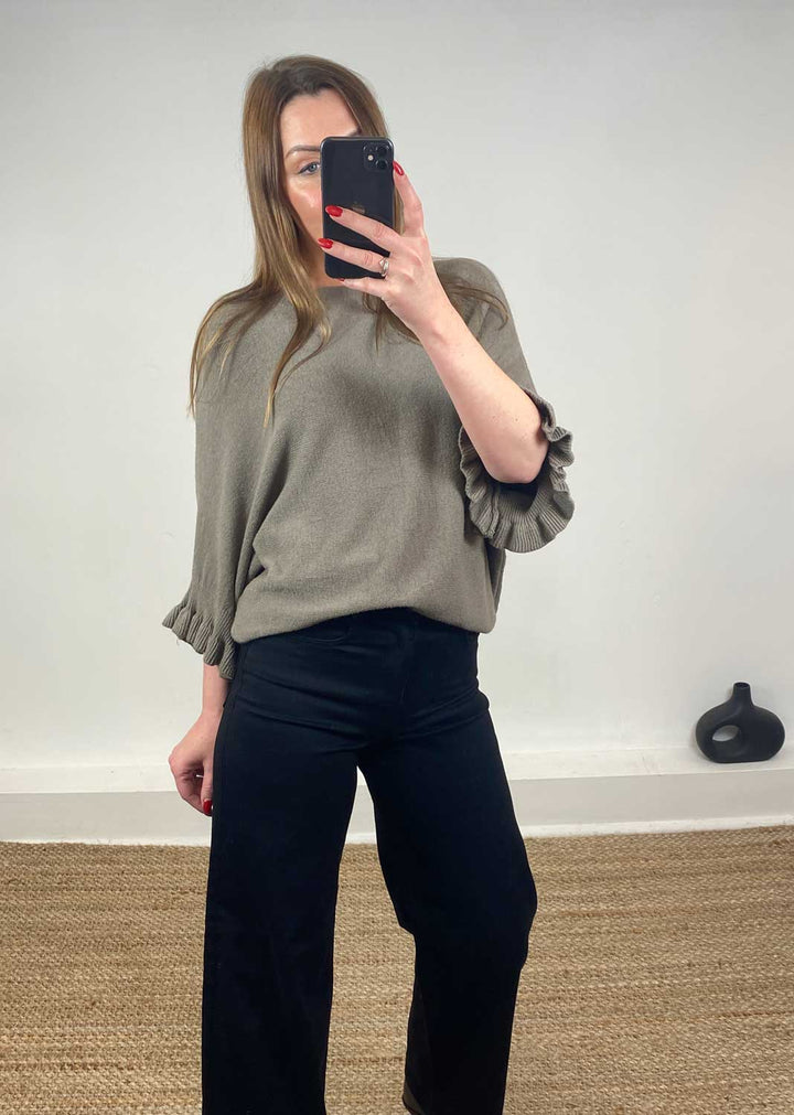 Elira Frill Sleeve Knit Jumper Taupe