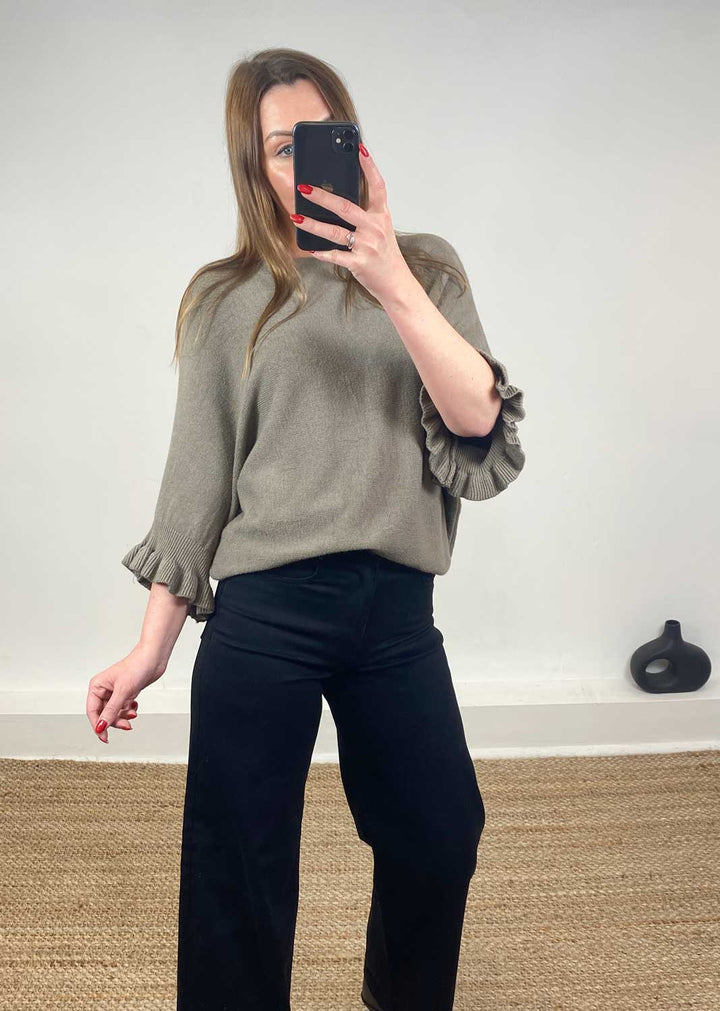 Elira Frill Sleeve Knit Jumper Taupe