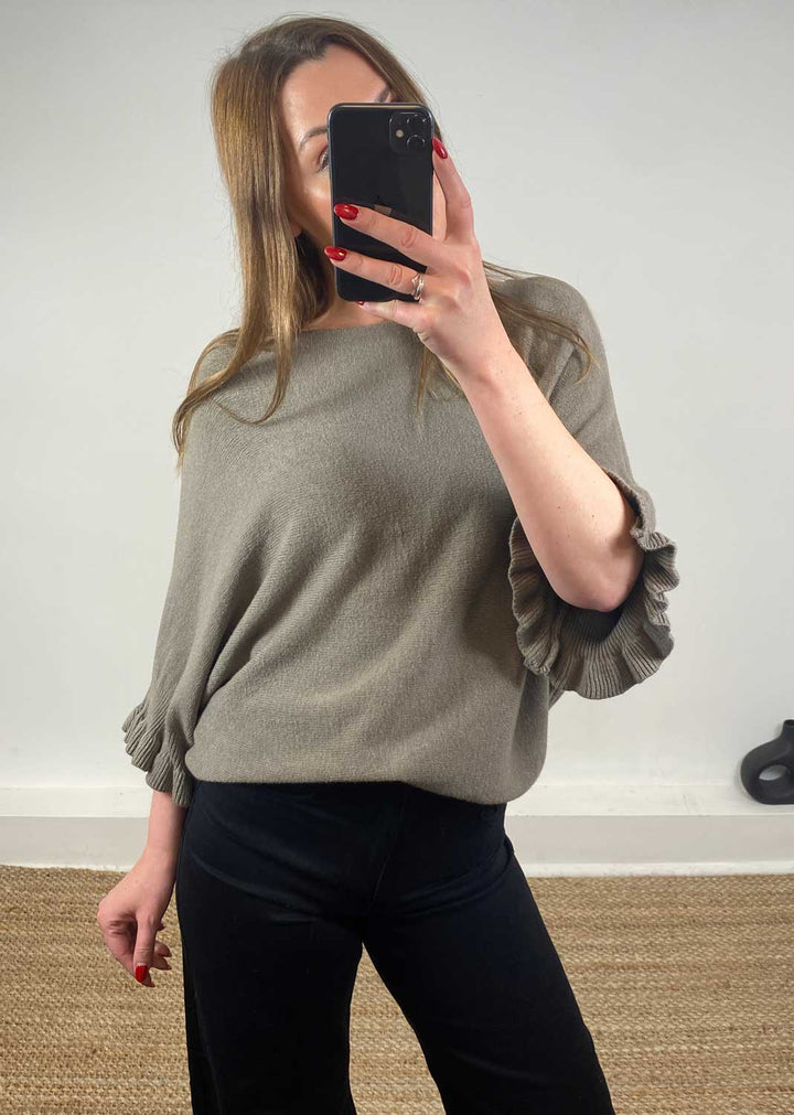 Elira Frill Sleeve Knit Jumper Taupe