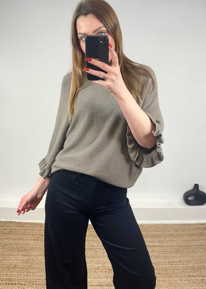 Elira Frill Sleeve Knit Jumper Taupe
