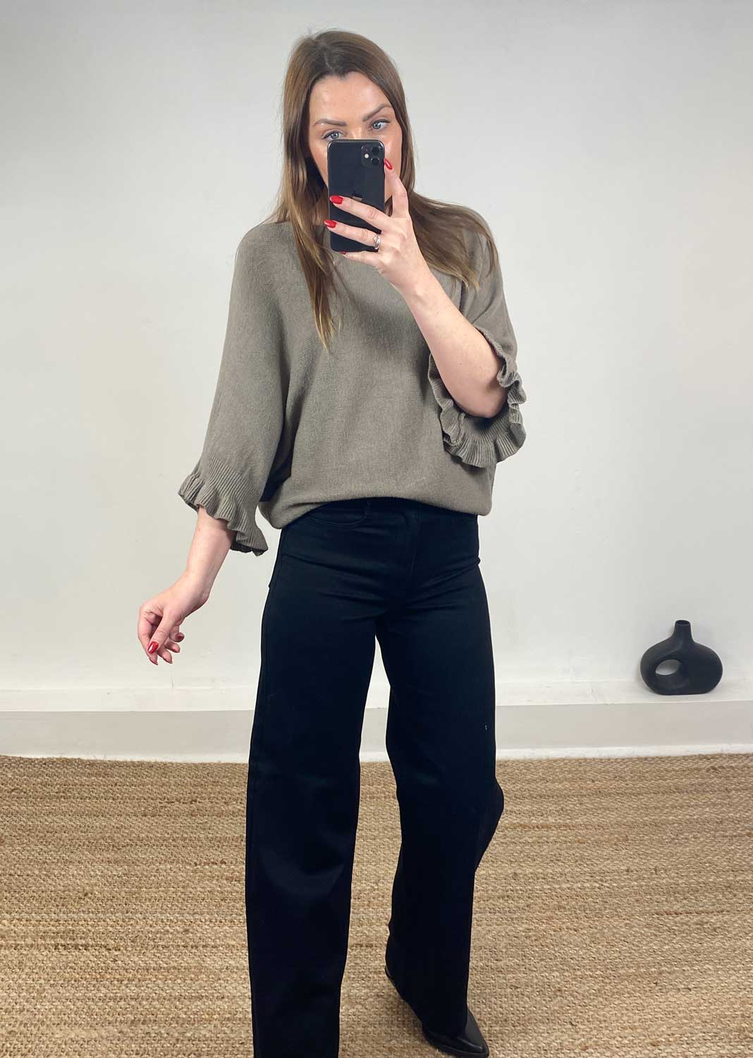 Elira Frill Sleeve Knit Jumper Taupe