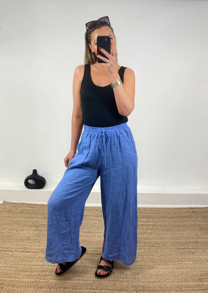 Ellie Stripe Linen Pants in Blue