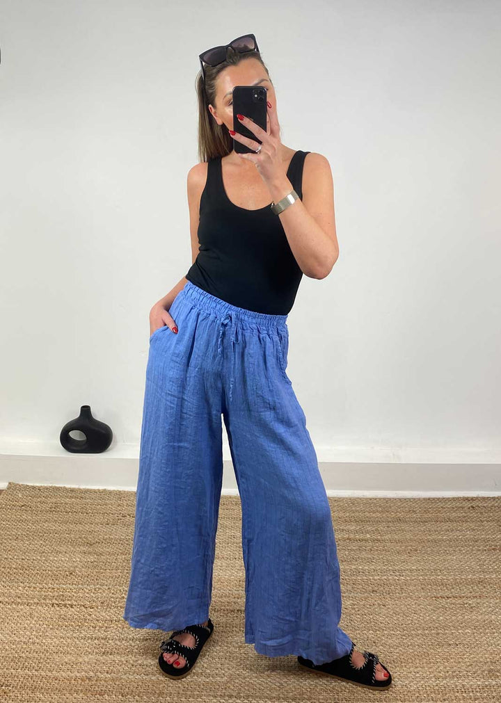 Ellie Stripe Linen Pants in Blue