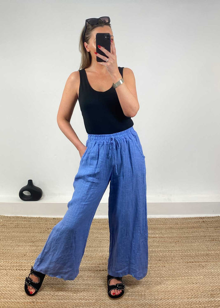 Ellie Stripe Linen Pants in Blue