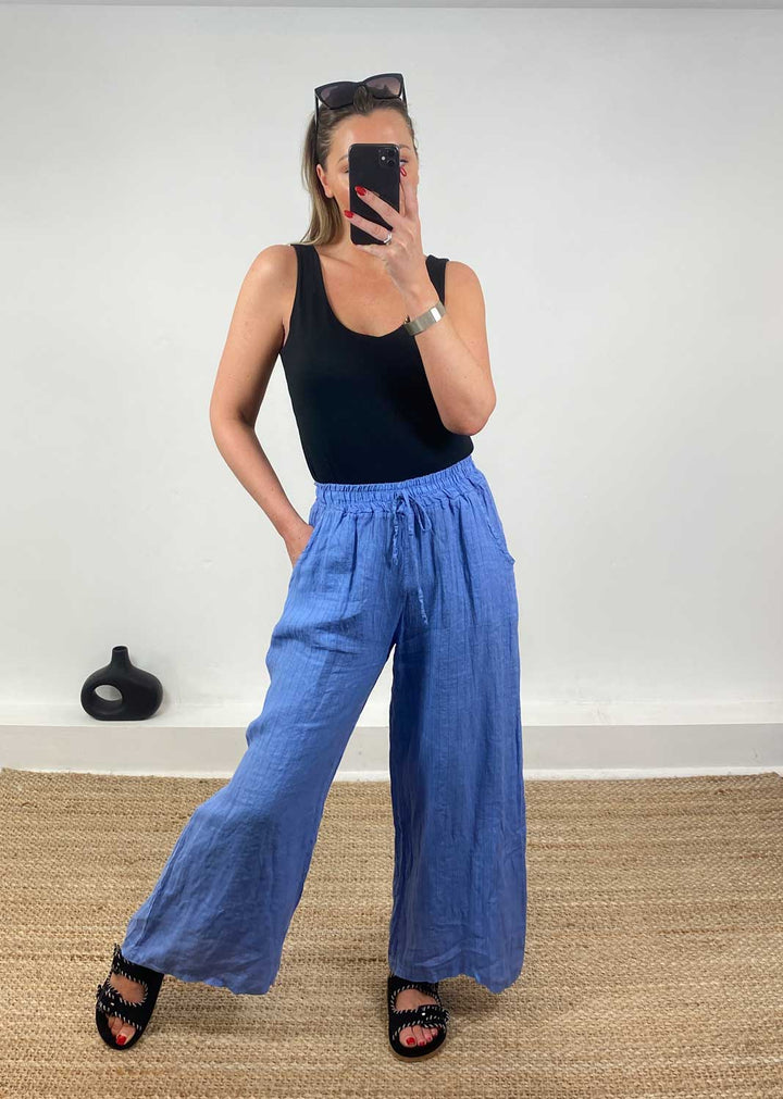 Ellie Stripe Linen Pants in Blue
