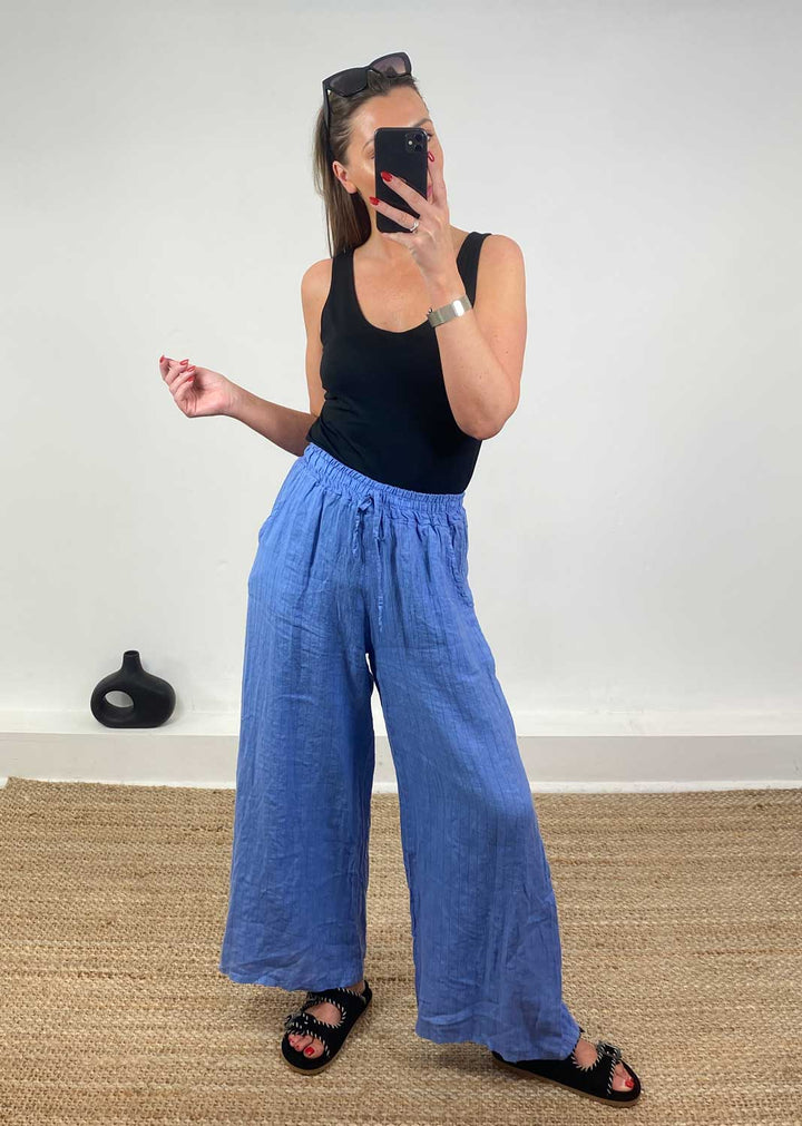 Ellie Stripe Linen Pants in Blue