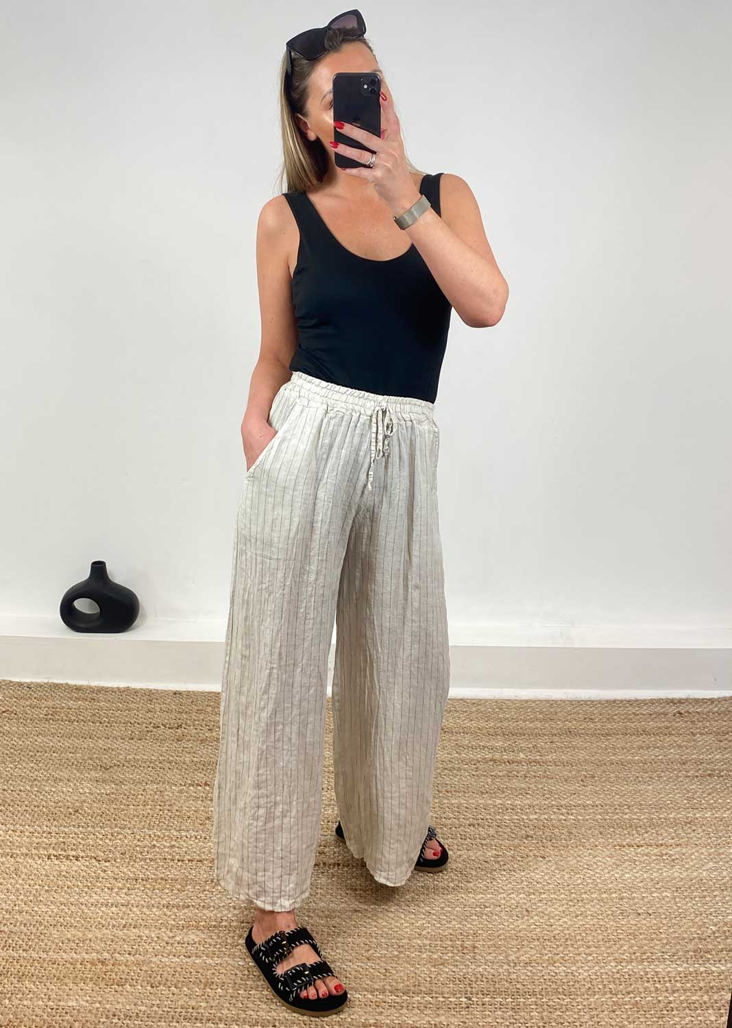 Ellie Stripe Linen Pants in Cream