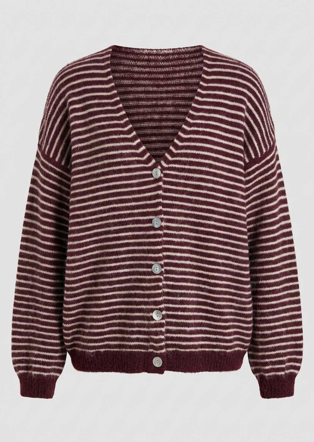 A maroon and beige striped knit cardigan sweater with a V-neck, button-up front, and long sleeves, shown against a light gray background.