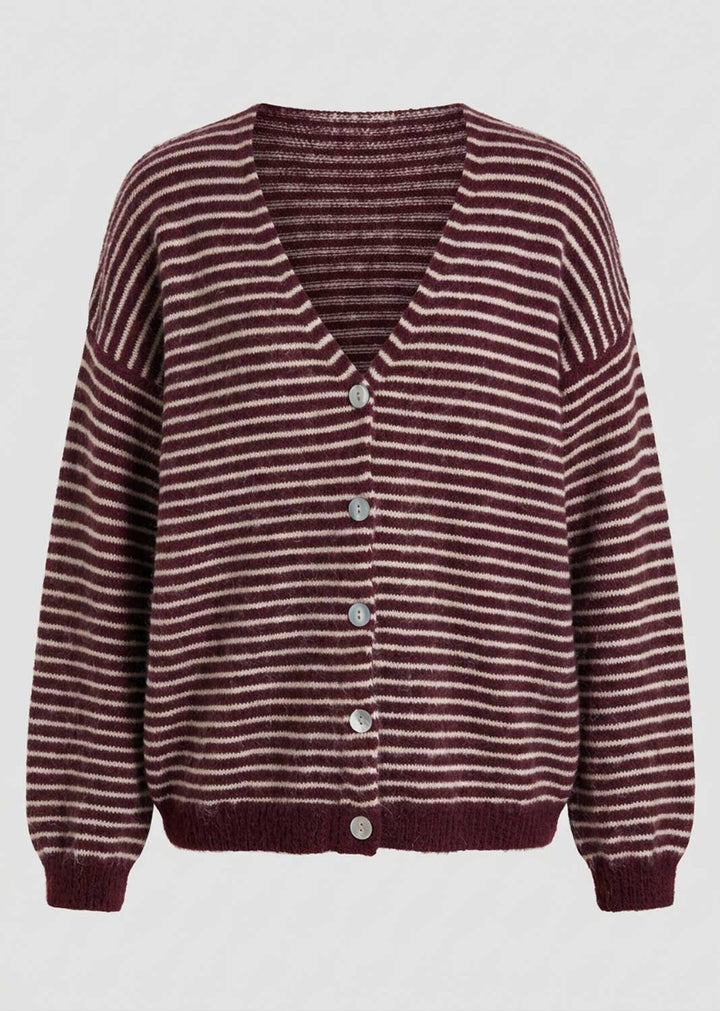 A maroon and beige striped knit cardigan sweater with a V-neck, button-up front, and long sleeves, shown against a light gray background.