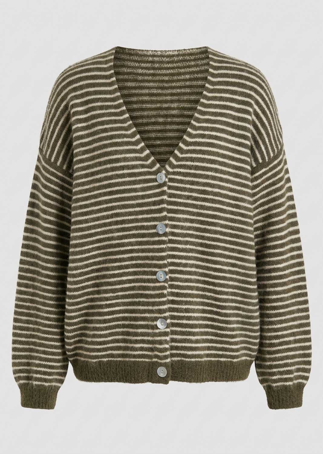 A striped knit cardigan sweater with a V-neck, long sleeves, and silver buttons, shown against a plain light gray background. 