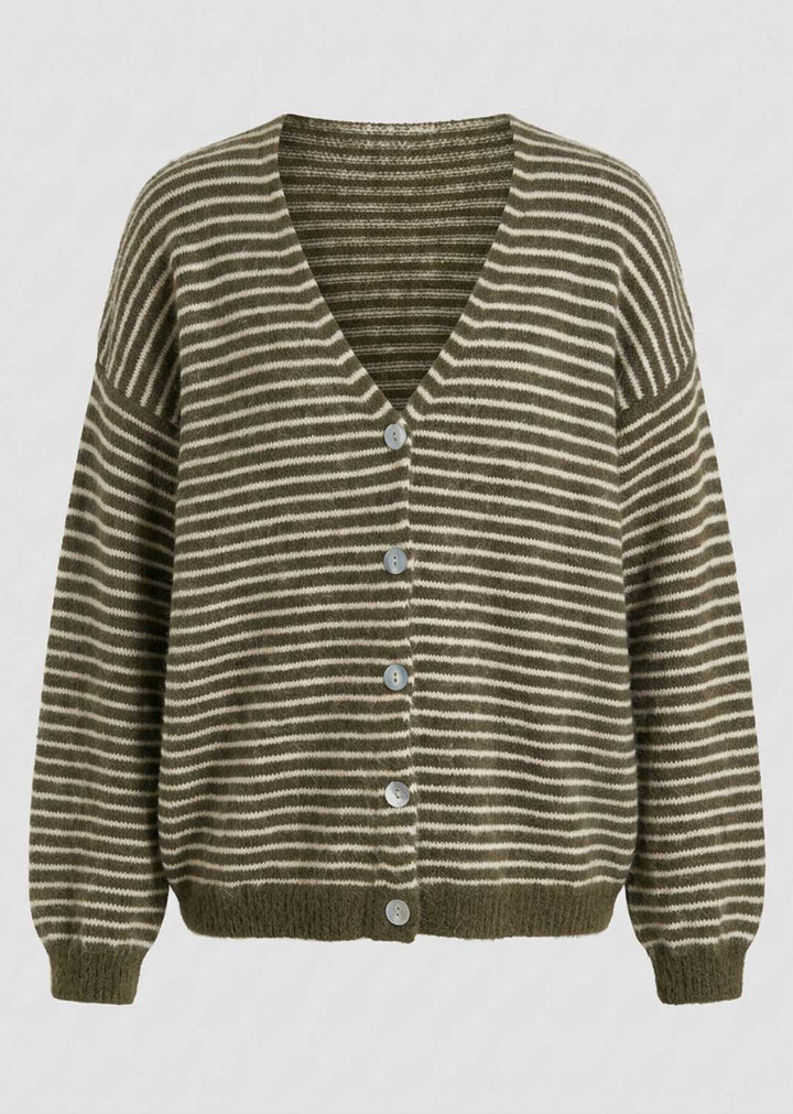 A striped knit cardigan sweater with a V-neck, long sleeves, and silver buttons, shown against a plain light gray background. 