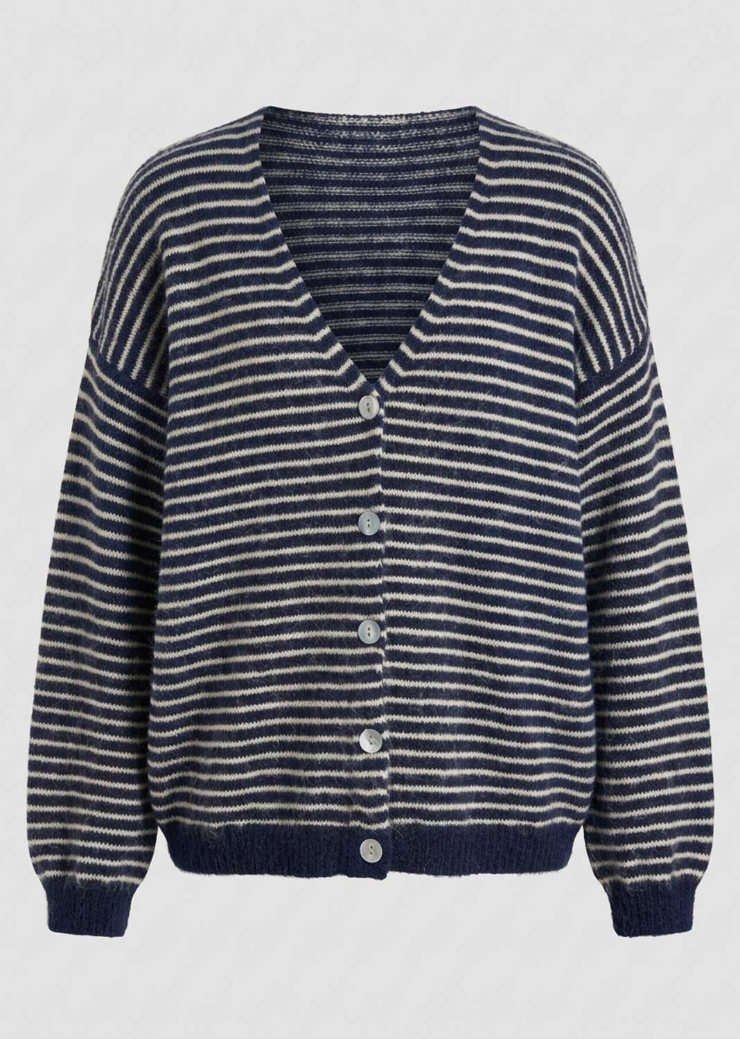 A navy blue and off-white horizontally striped knit cardigan sweater with a V-neck, button-up front, and long sleeves, shown against a light gray background.