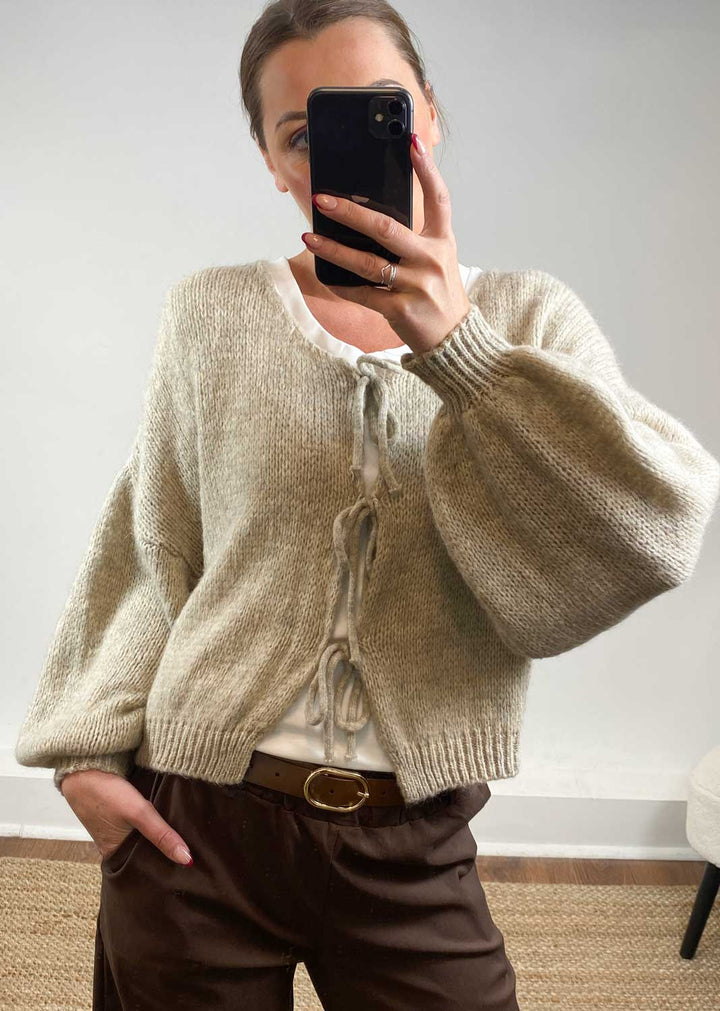 Emery Tie Knit Cardigan Beige
