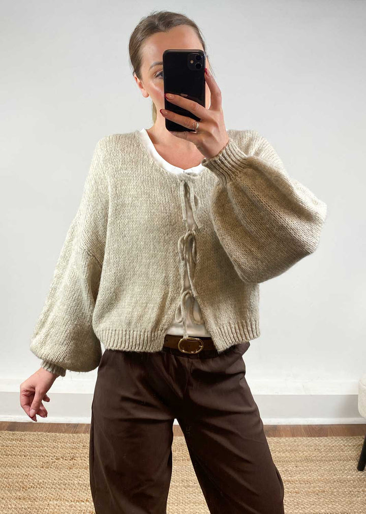Emery Tie Knit Cardigan Beige