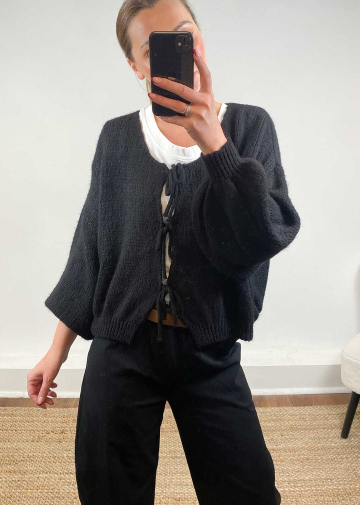 Emery Tie Knit Cardigan Black