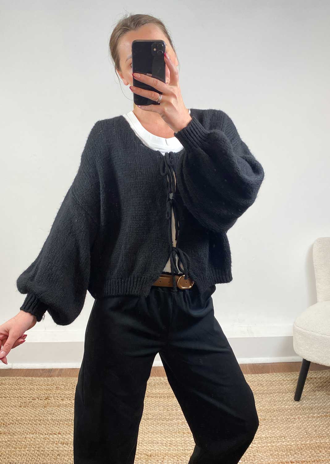 Emery Tie Knit Cardigan Black