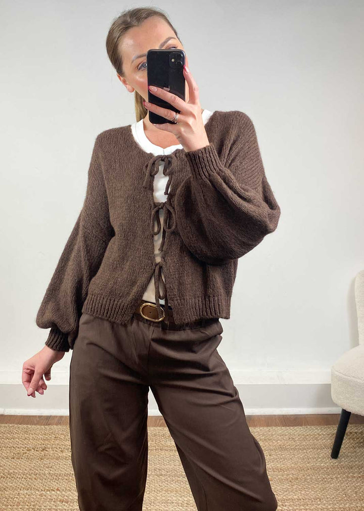 Emery Tie Knit Cardigan Brown