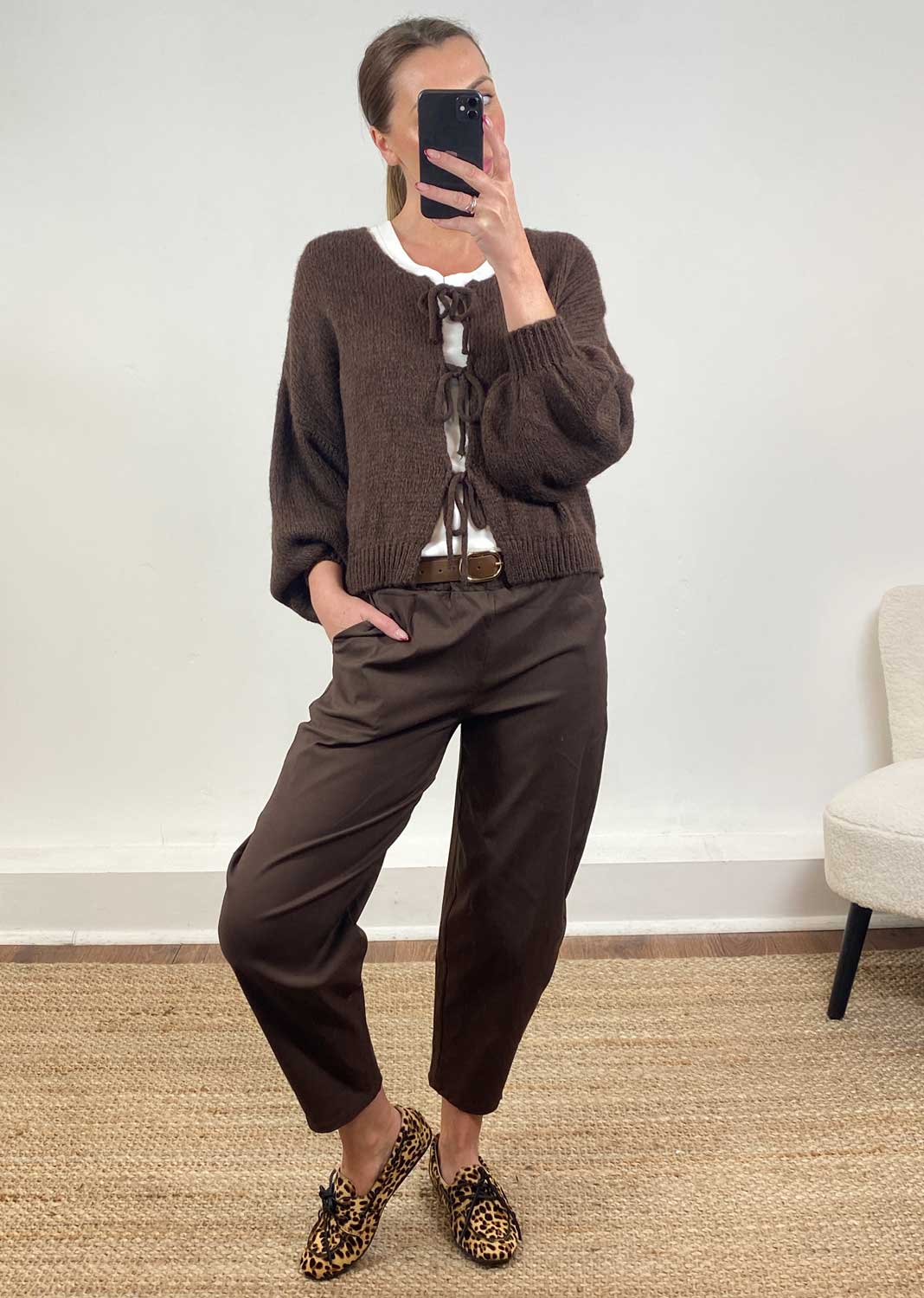Emery Tie Knit Cardigan Brown
