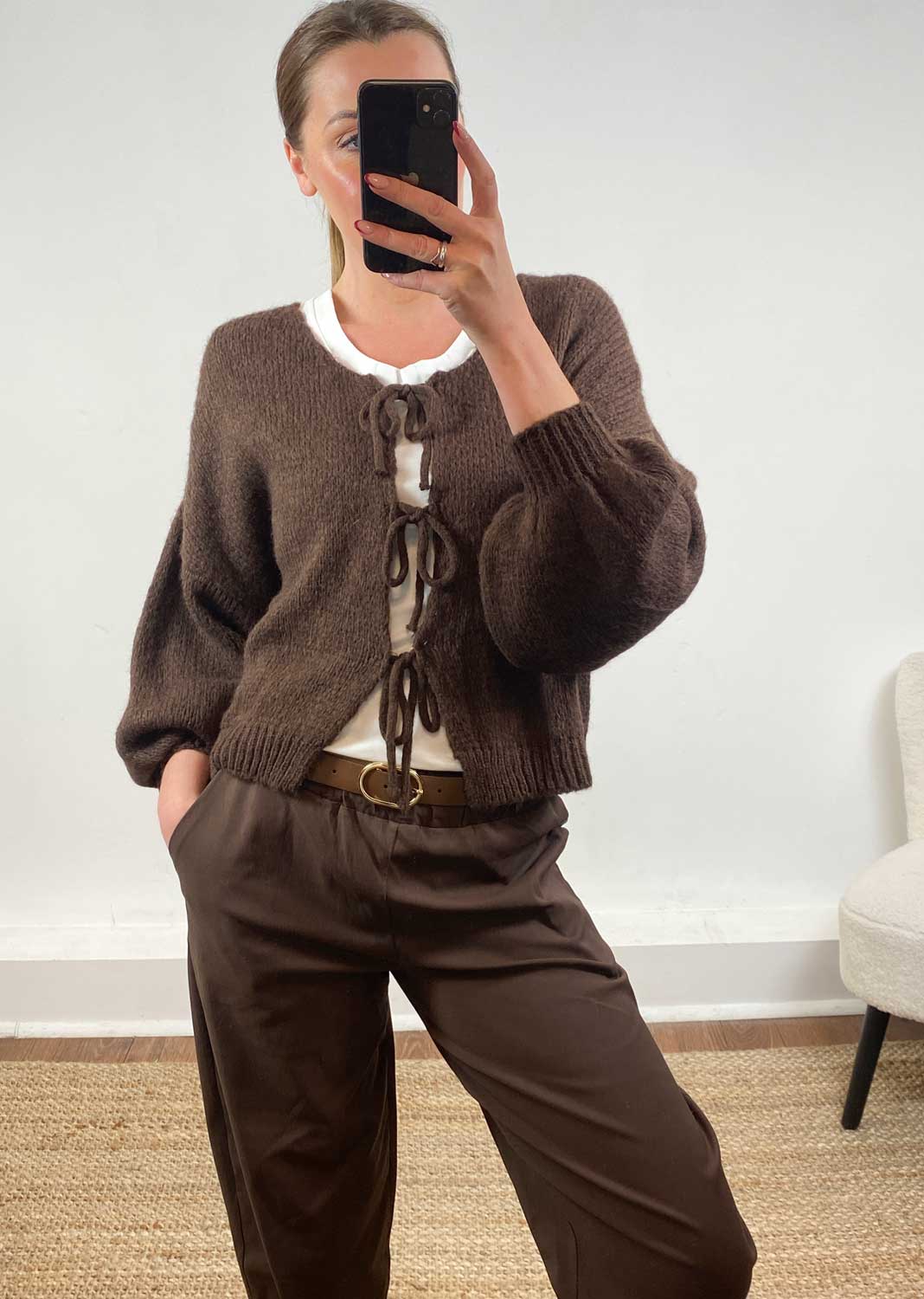 Emery Tie Knit Cardigan Brown