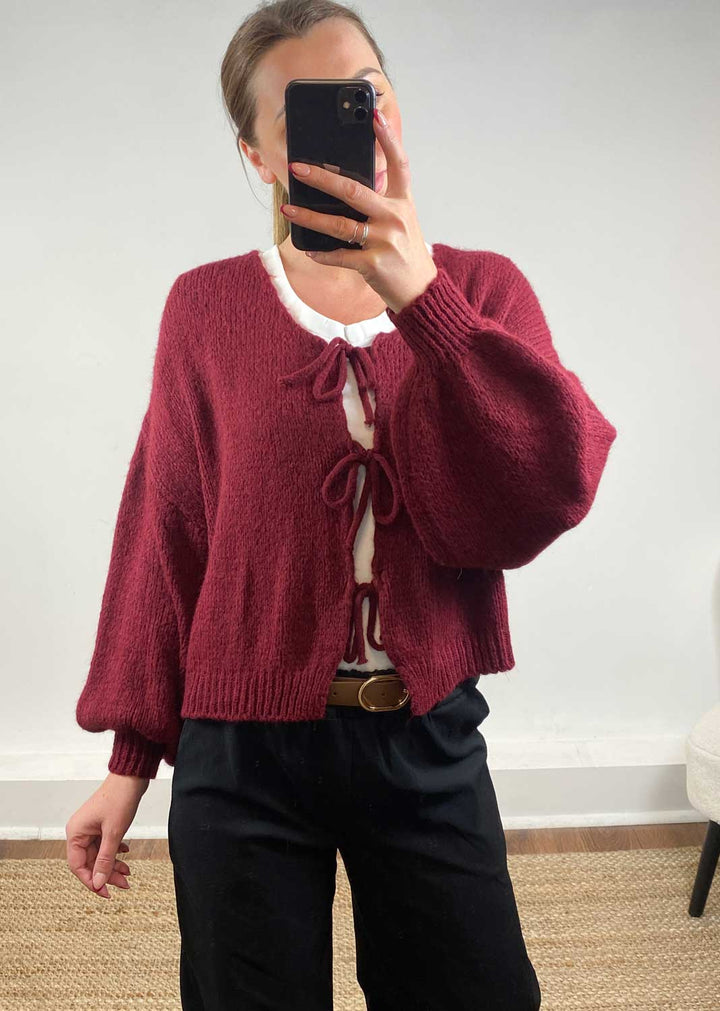 Emery Tie Knit Cardigan Burgundy