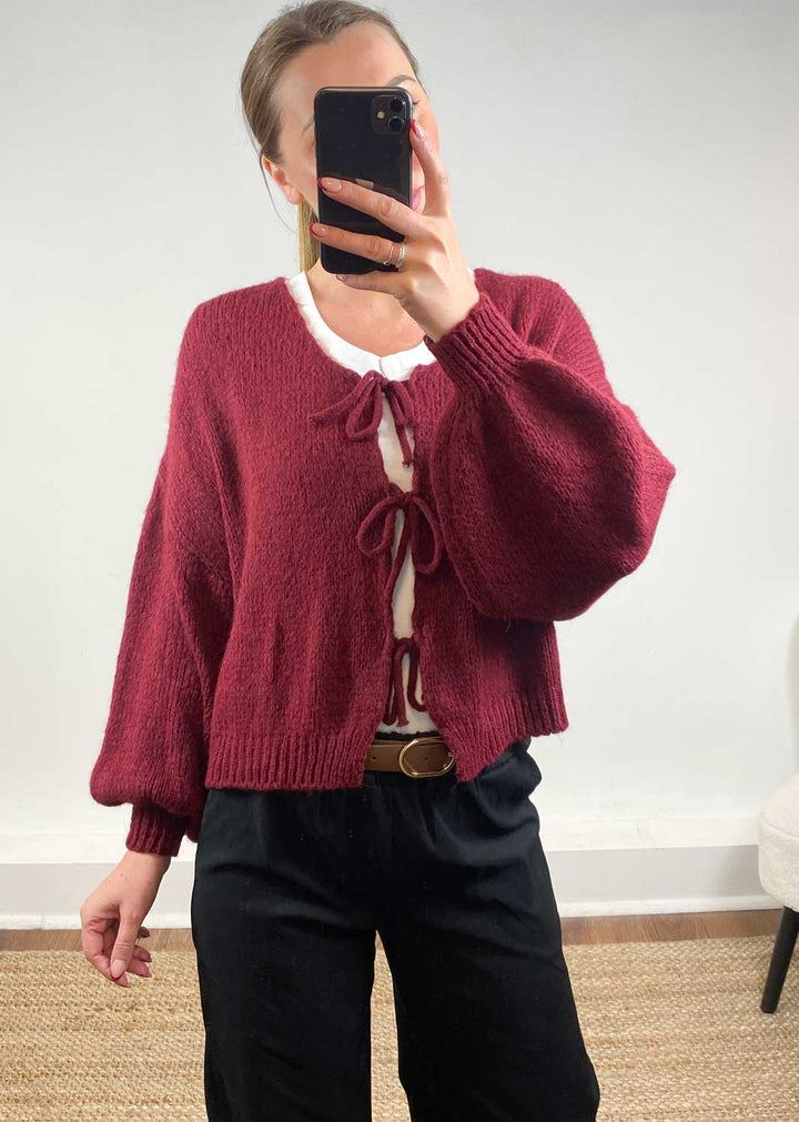 Emery Tie Knit Cardigan Burgundy