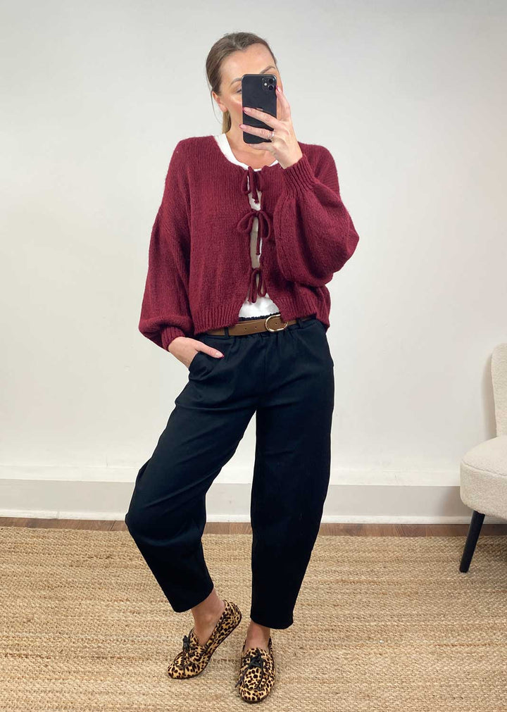 Emery Tie Knit Cardigan Burgundy
