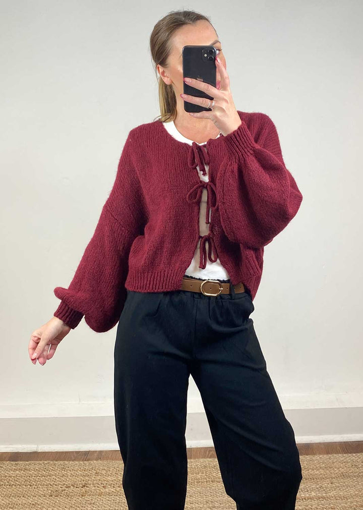 Emery Tie Knit Cardigan Burgundy