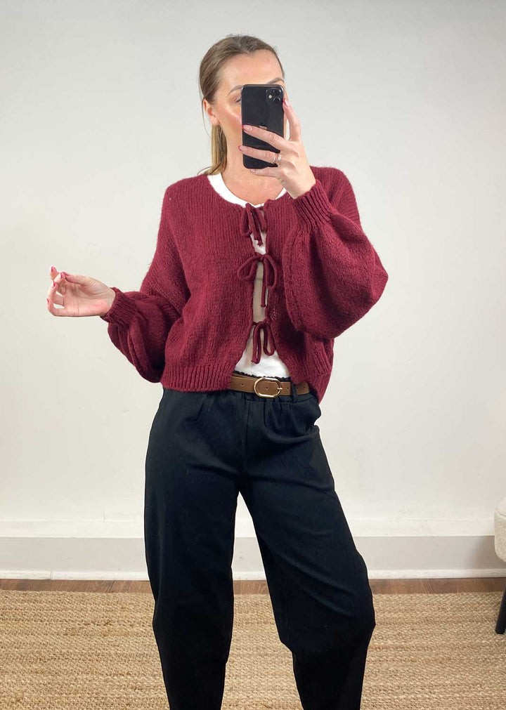 Emery Tie Knit Cardigan Burgundy