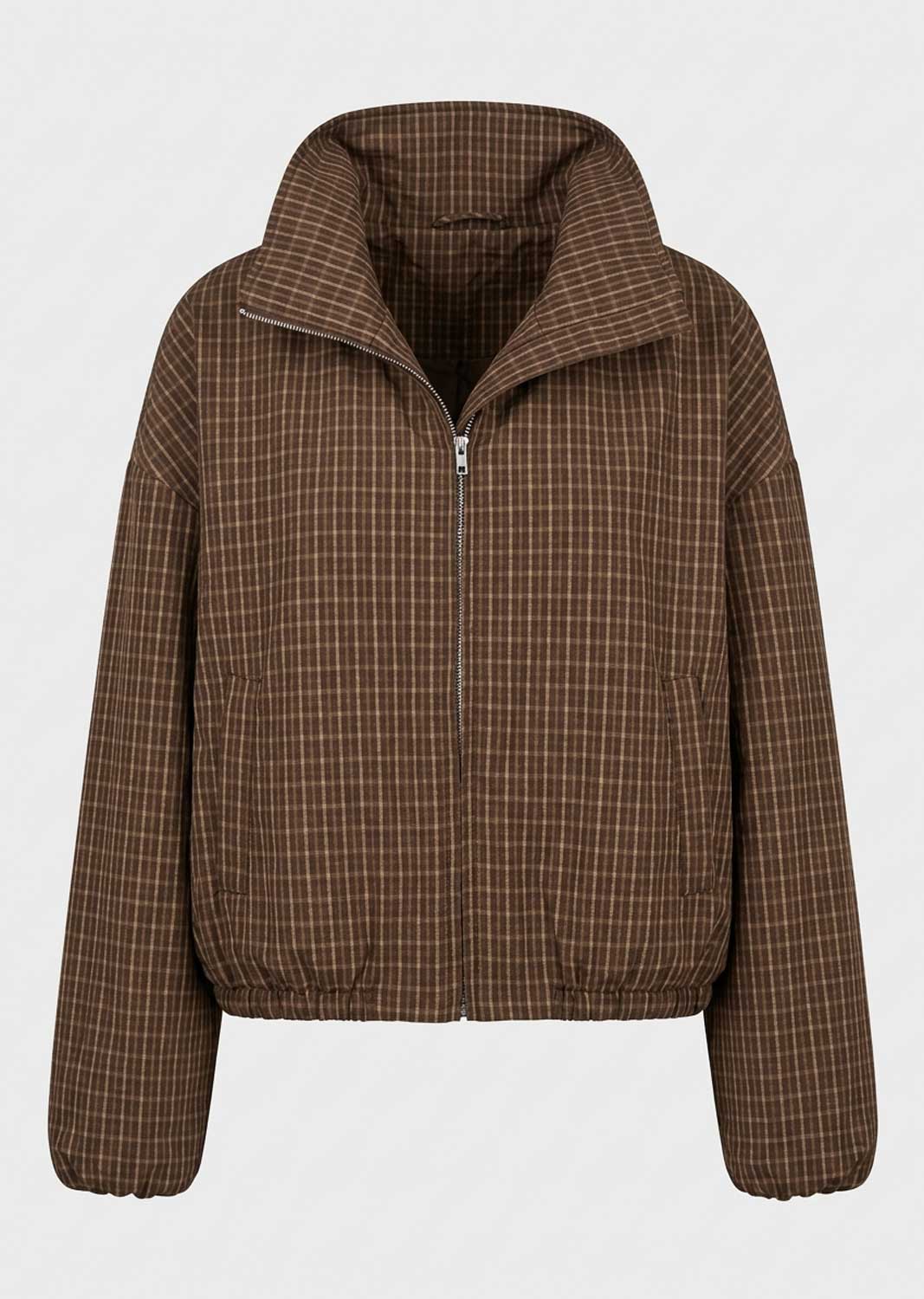 brown funnel neck checked jacket 