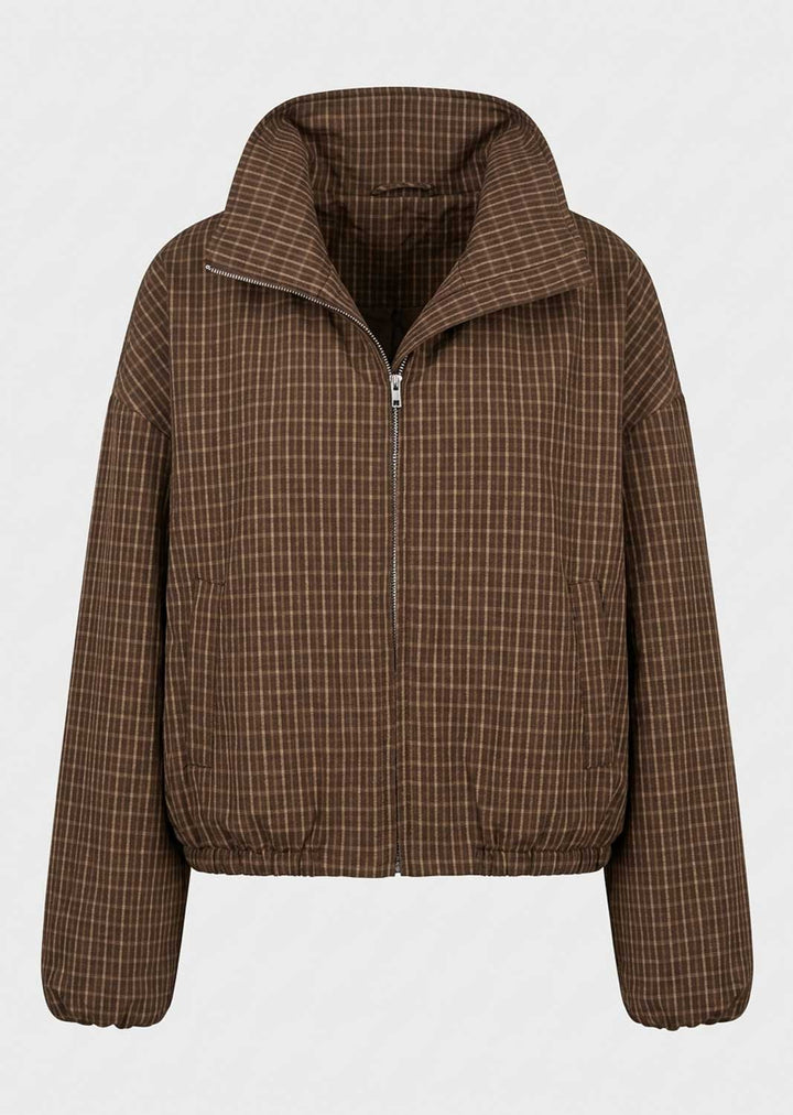 brown funnel neck checked jacket 