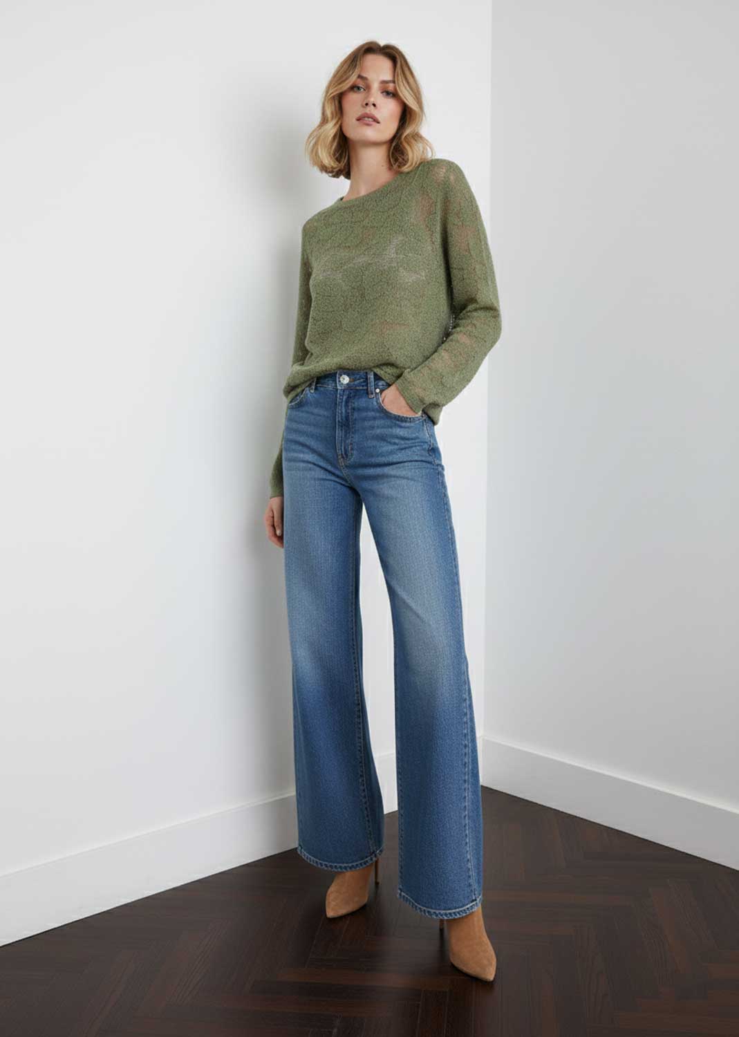 Fern Textured Crochet Knit Jumper Sage Green