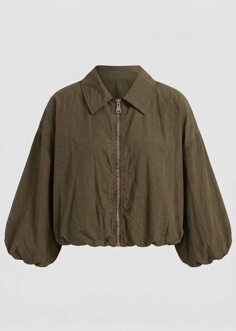 An olive green lightweight zip-up jacket with a pointed collar and voluminous balloon sleeves