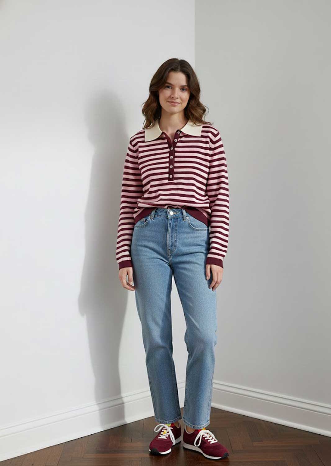 Finula Stripe Polo Knit Jumper Pink Burgundy