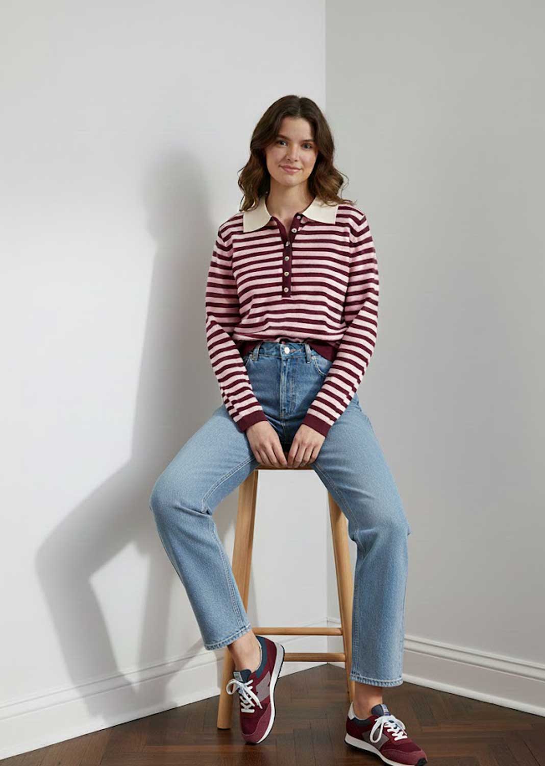 stripe knit polo jumper burgundy pink