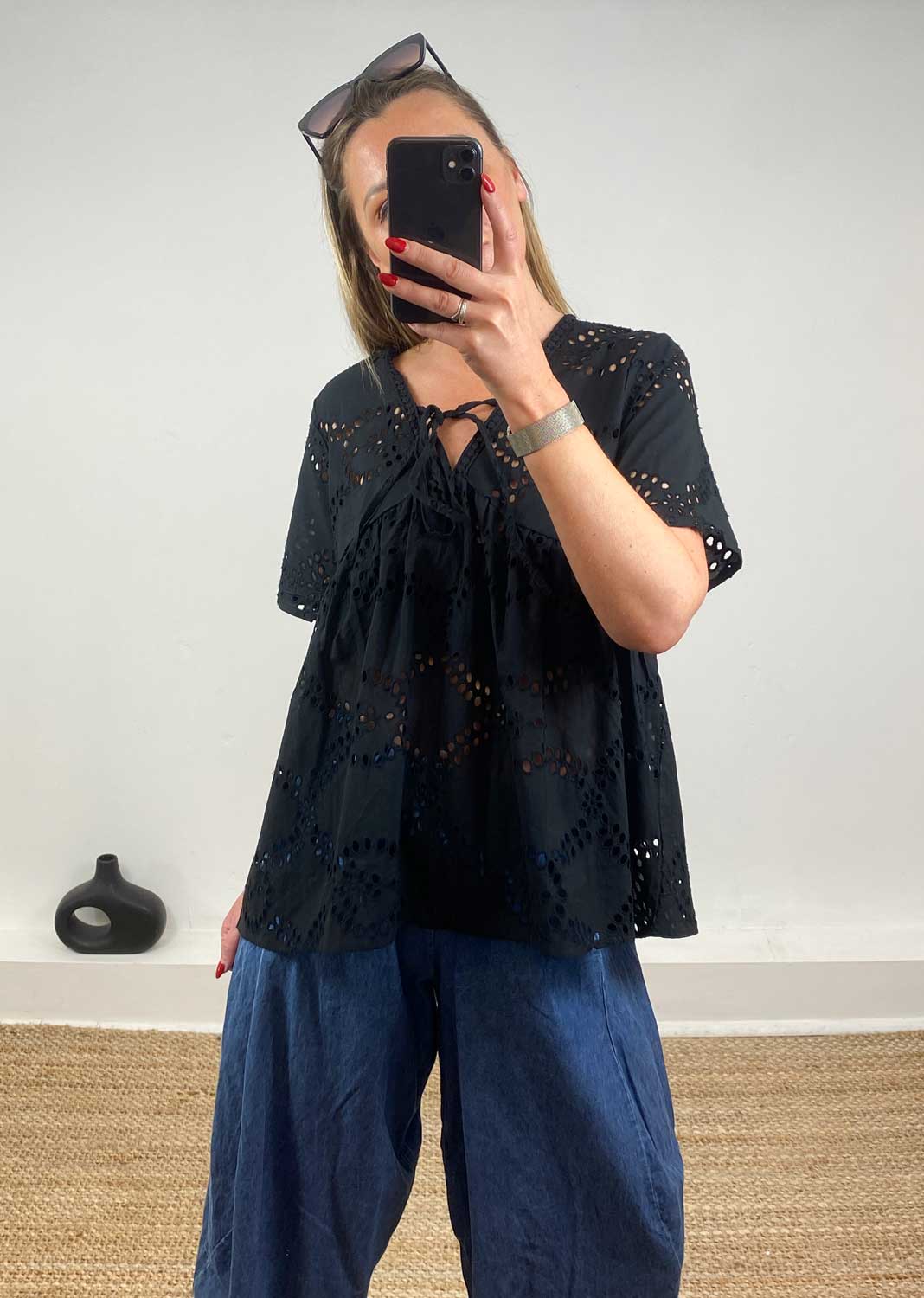 Flo Broderie Anglaise Top in Black