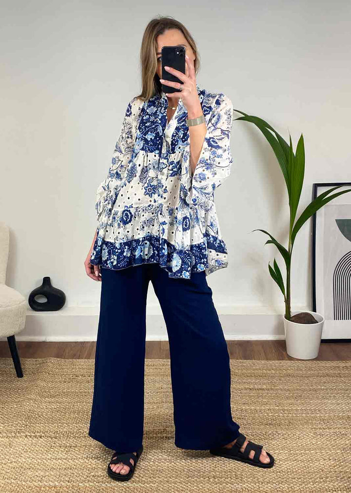 Florale Broderie Anglasie Tunic Blouse in Navy
